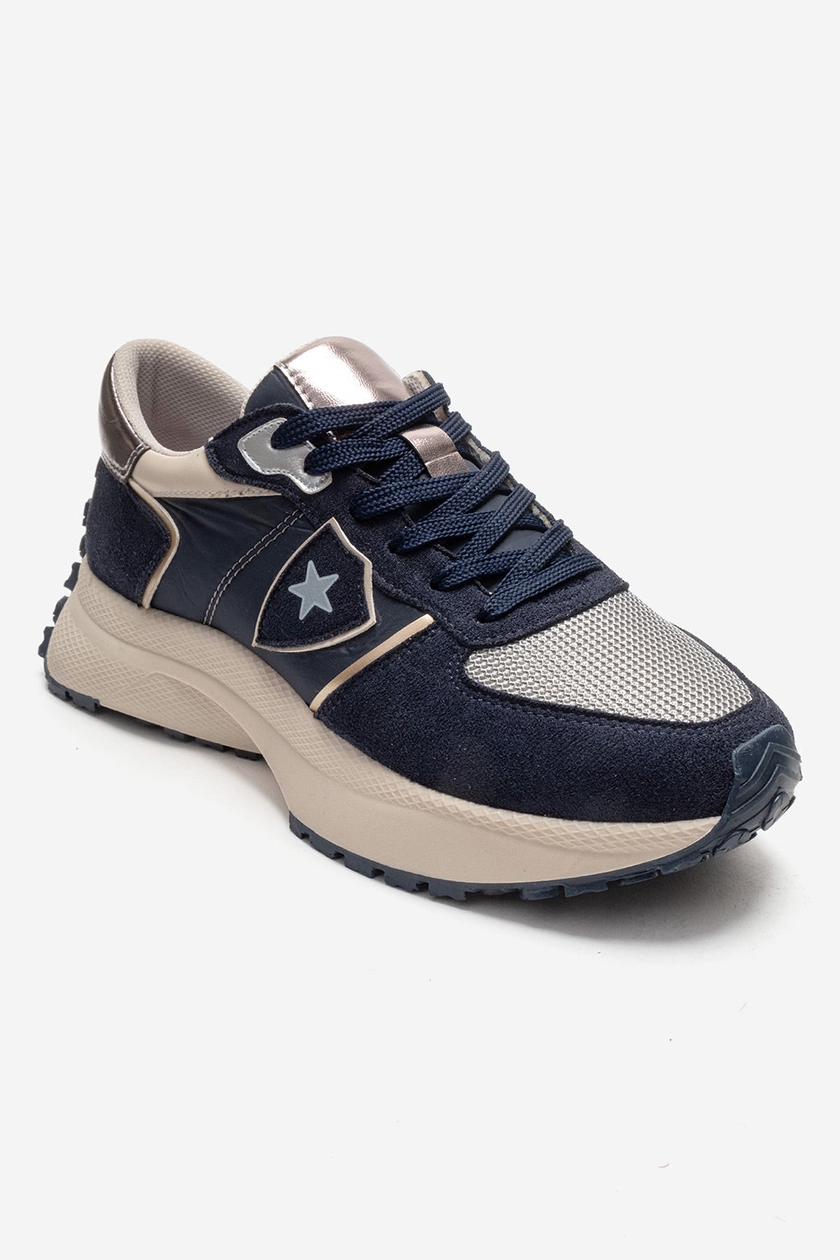 BIELLA - Navy Suede Genuine Leather Sneaker – detail view showing leather, suede, Vowalisse