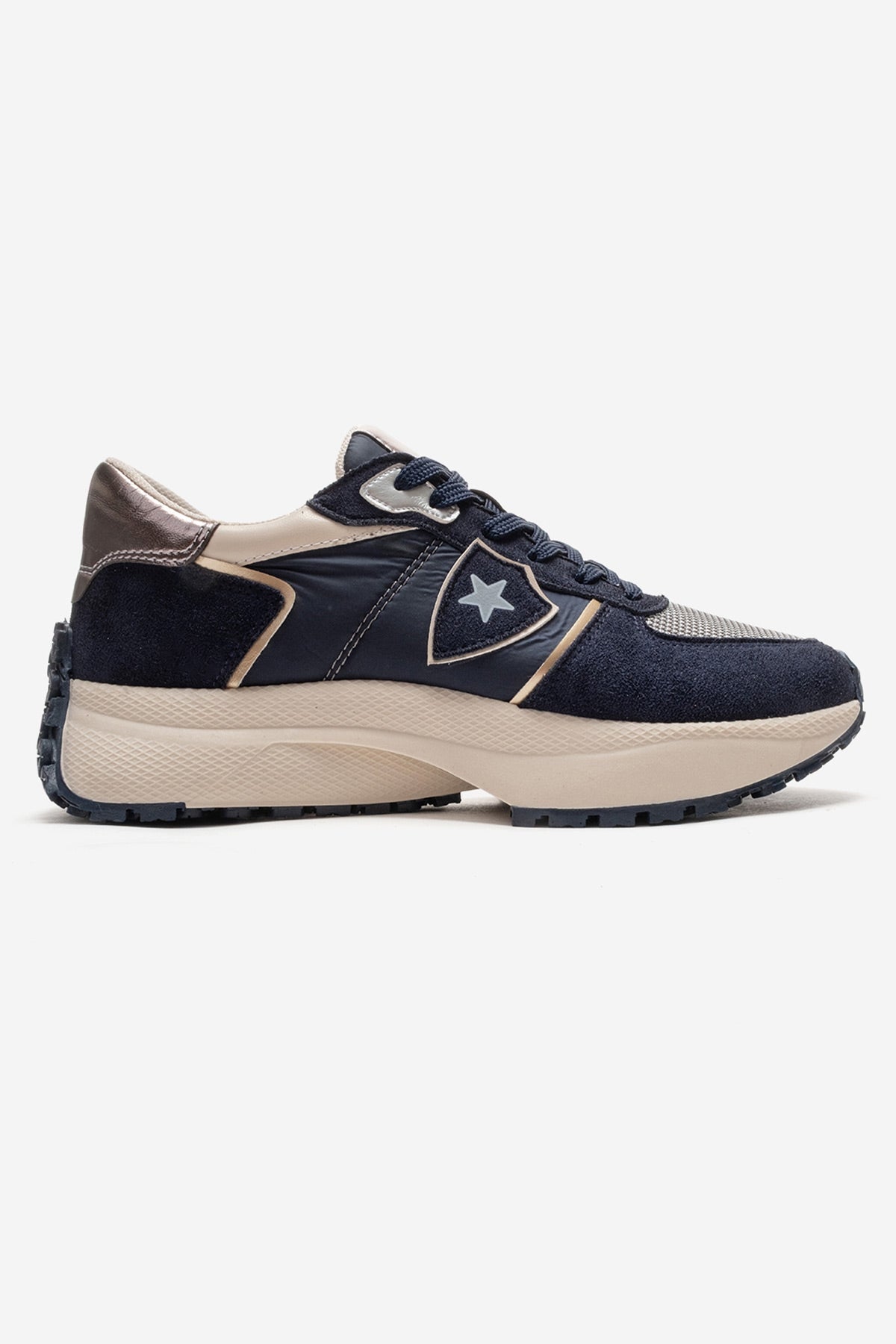 BIELLA - Navy Suede Genuine Leather Sneaker – heel view showing leather, suede, Vowalisse