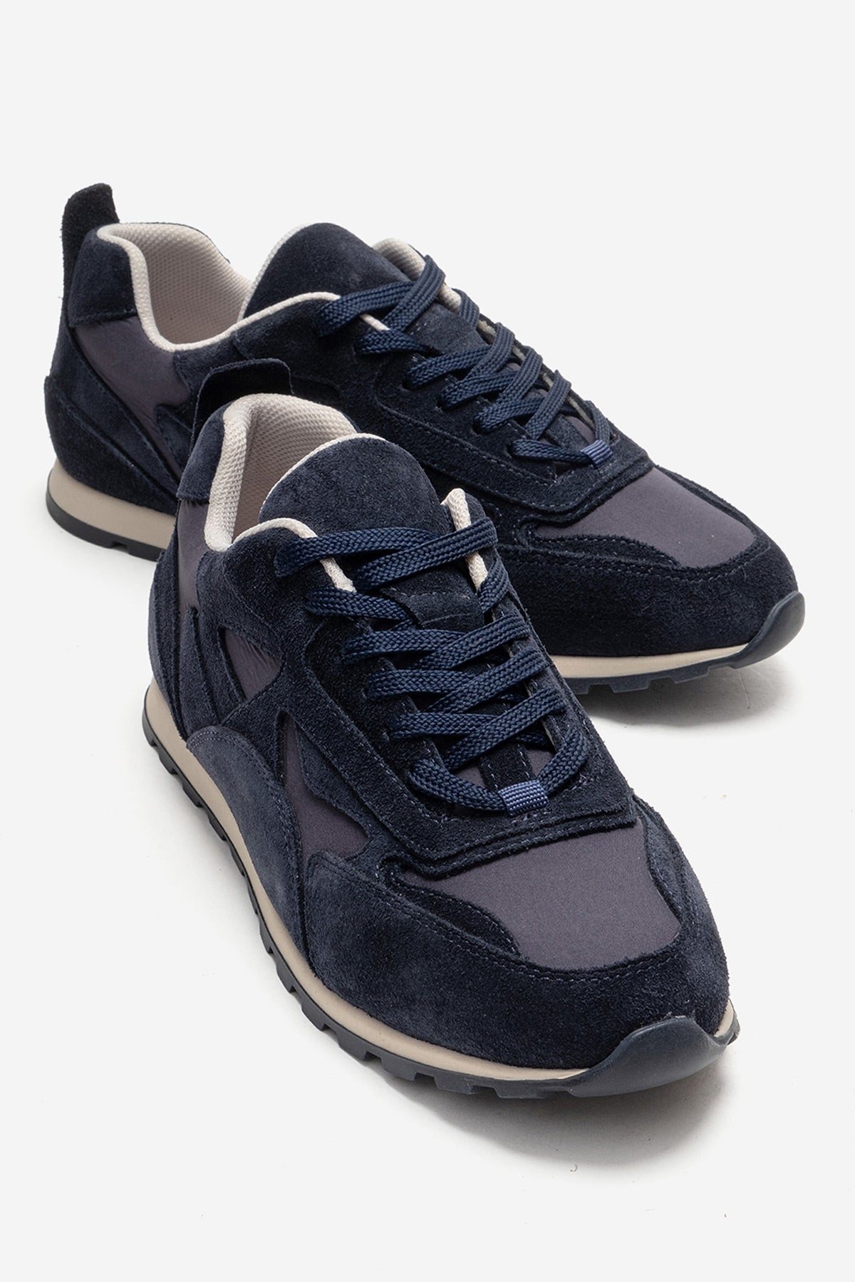 Sahra - Navy Genuine Leather Sneaker – front three-quarter view showing leather, suede, Vowalisse