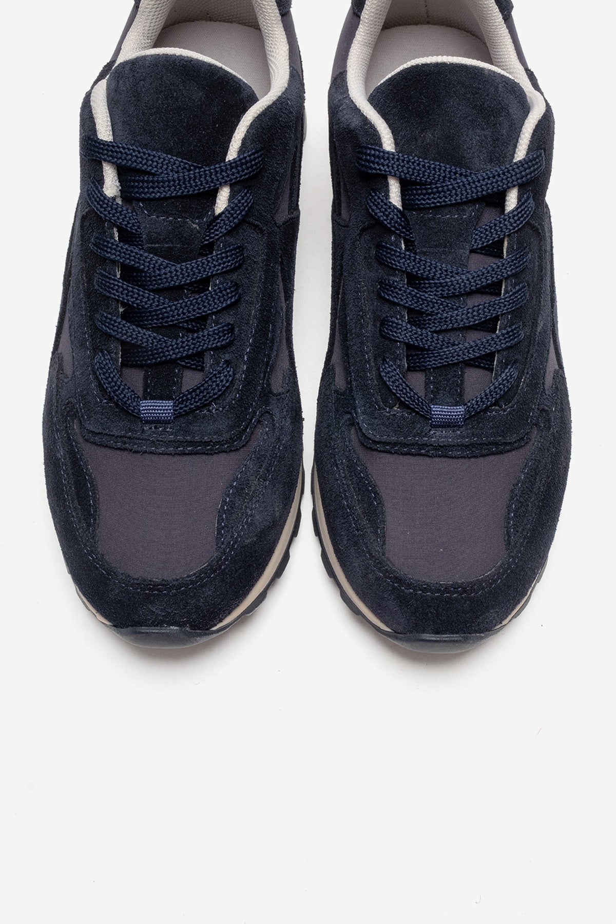 Sahra - Navy Genuine Leather Sneaker – side view showing leather, suede, Vowalisse