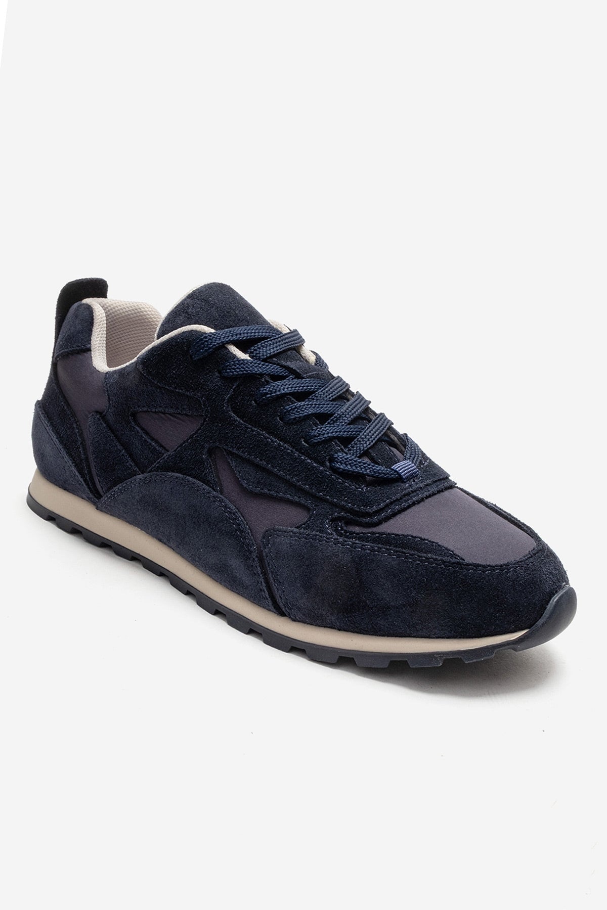 Sahra - Navy Genuine Leather Sneaker – detail view showing leather, suede, Vowalisse