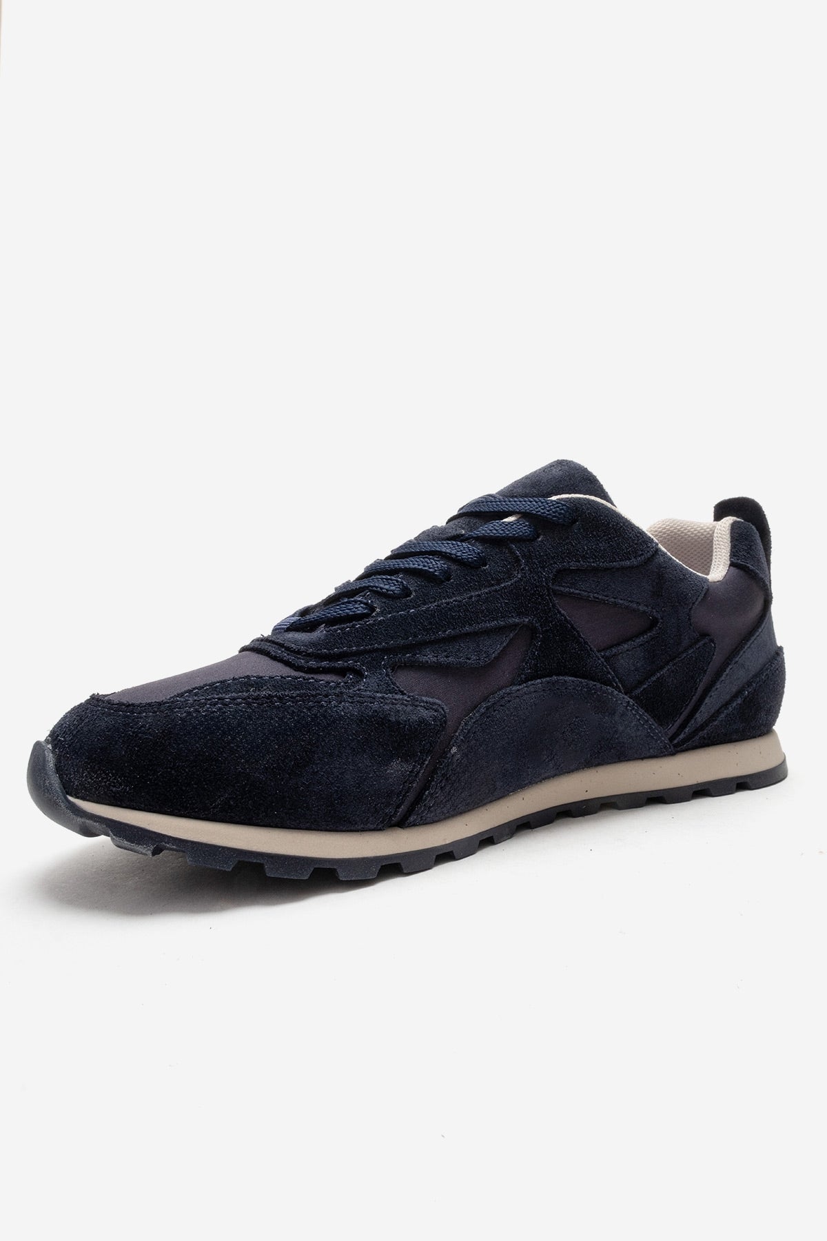 Sahra - Navy Genuine Leather Sneaker – top view showing leather, suede, Vowalisse