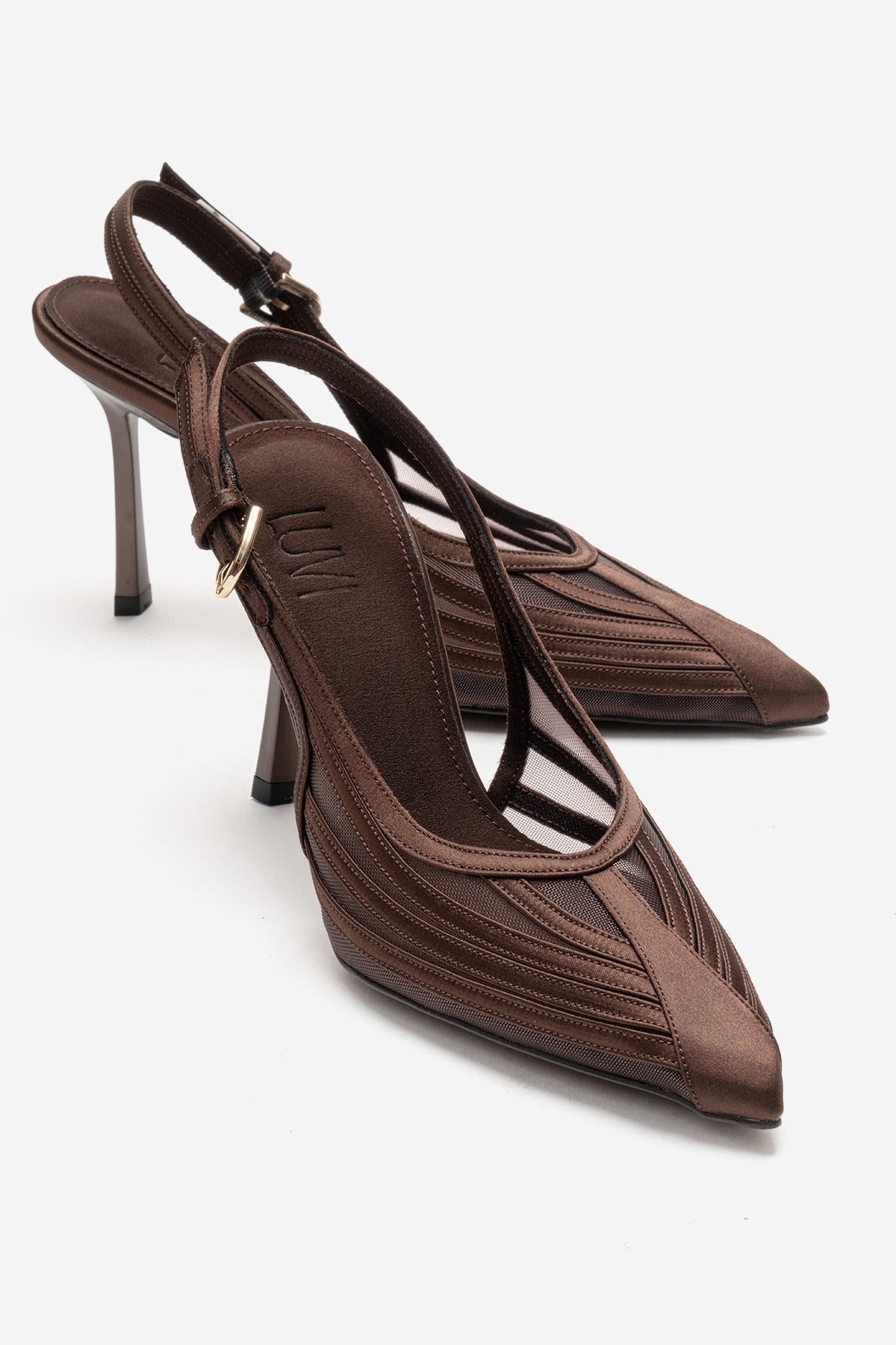 FAUNA - Brown Stiletto Pump – front three-quarter view showing red, Vowalisse