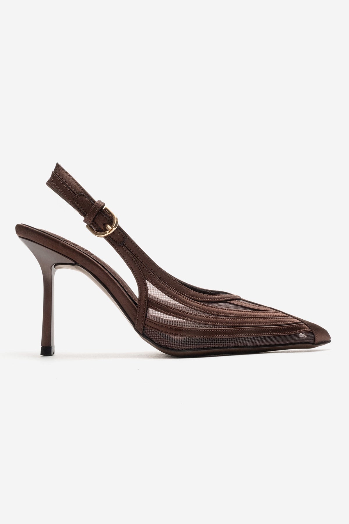 FAUNA - Brown Stiletto Pump – heel view showing red, Vowalisse