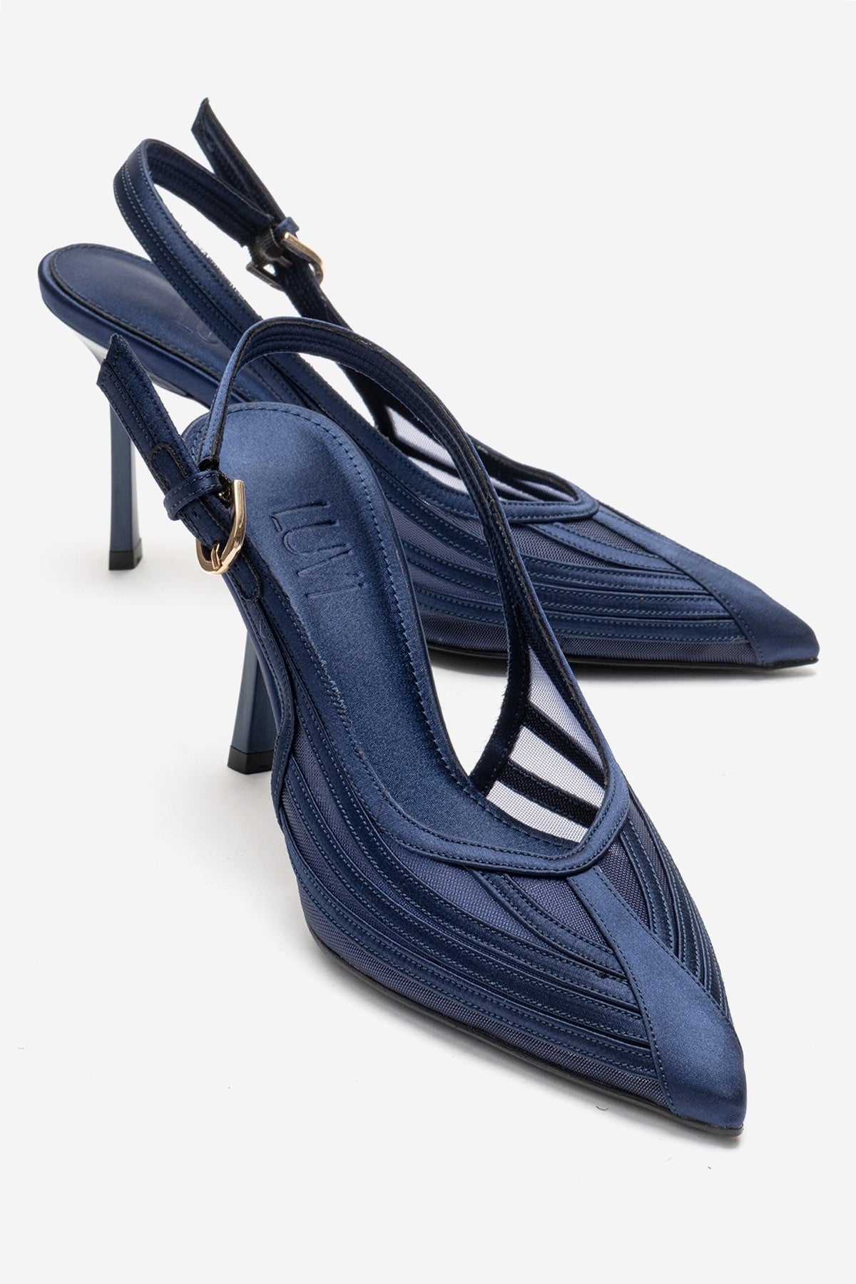 FAUNA - Navy Stiletto Pump – front three-quarter view showing red, Vowalisse