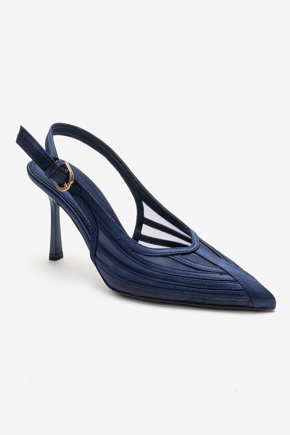 FAUNA - Navy Stiletto Pump – detail view showing red, Vowalisse