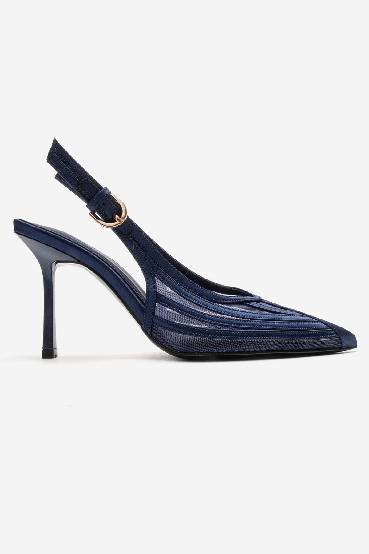 FAUNA - Navy Stiletto Pump – heel view showing red, Vowalisse