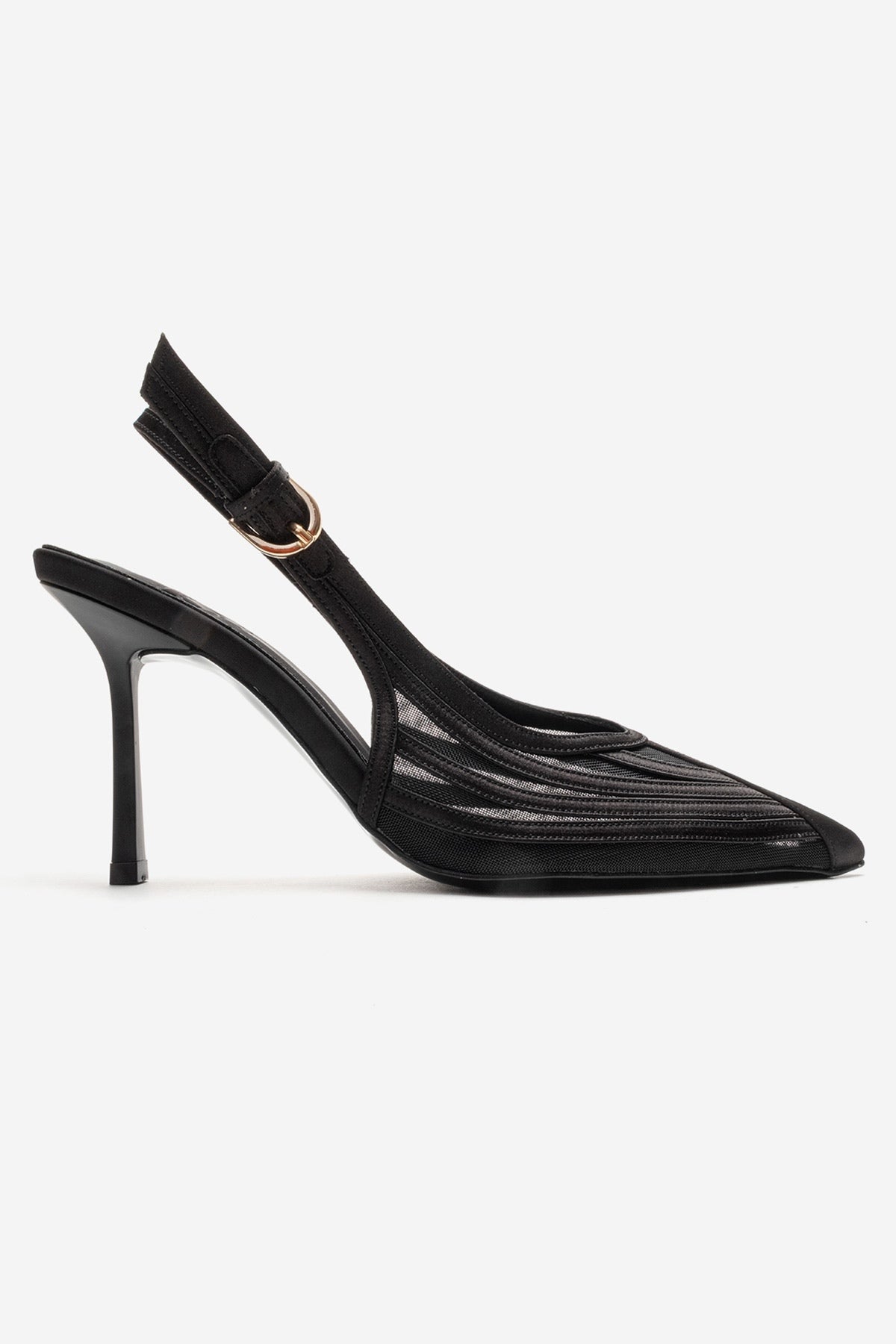 FAUNA - Black Satin Stiletto Pump – heel view showing satin, black, red, Vowalisse