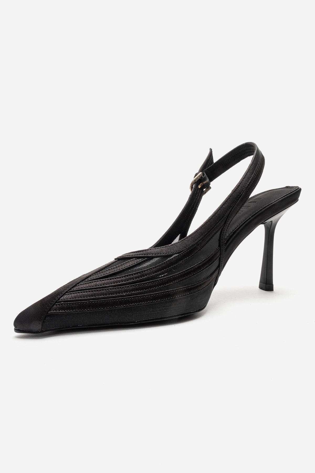 FAUNA - Black Satin Stiletto Pump – top view showing satin, black, red, Vowalisse