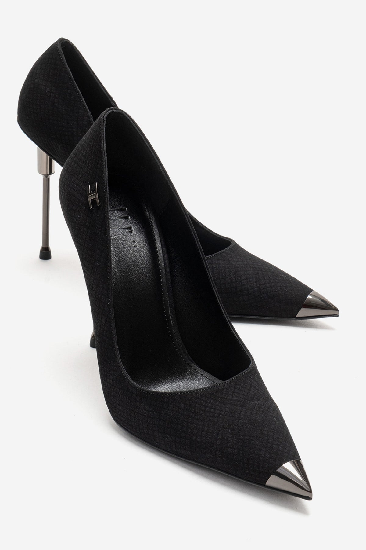 CARLAS - Black Patterned Stiletto Pump – front three-quarter view showing leather, black, Vowalisse