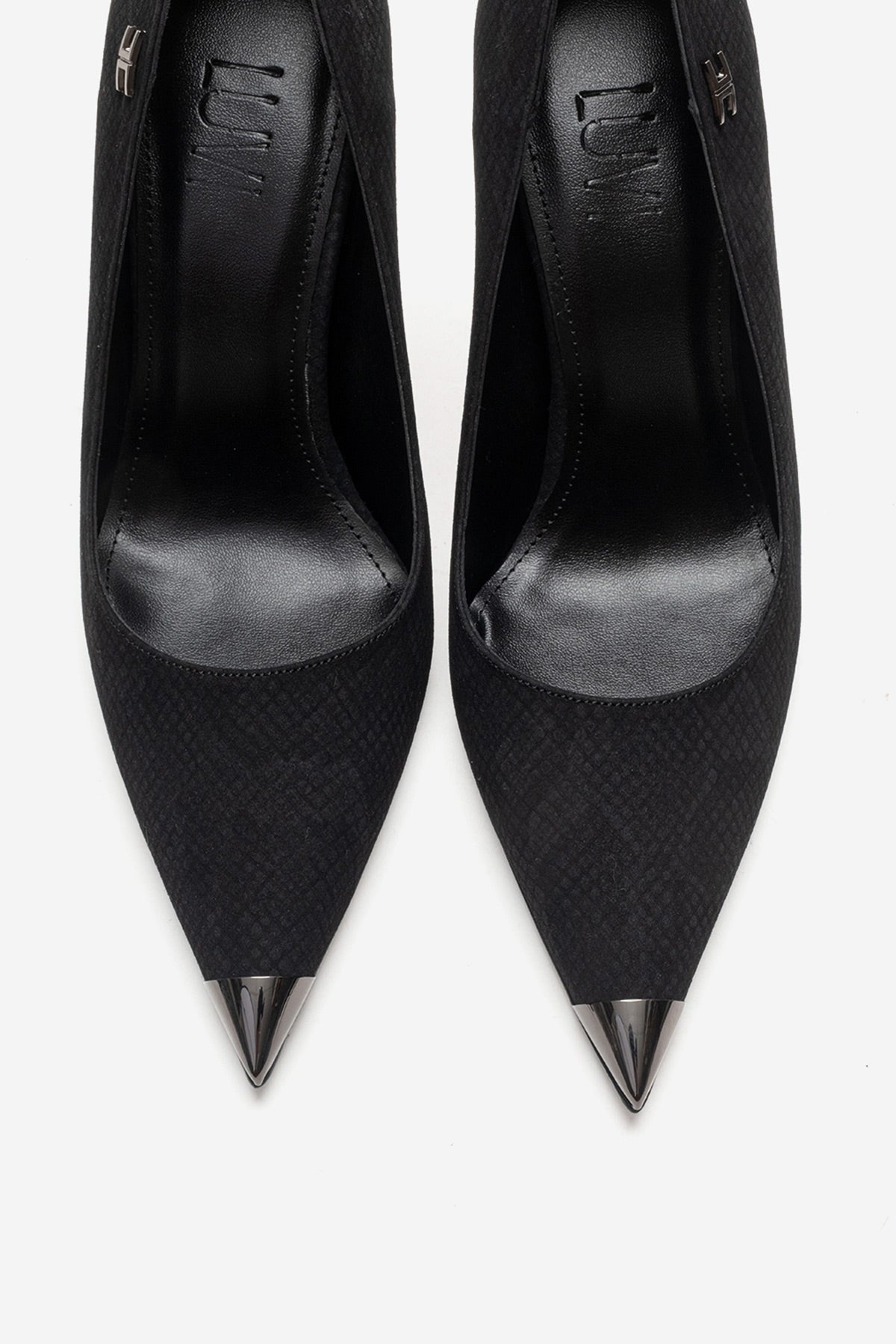 CARLAS - Black Patterned Stiletto Pump – side view showing leather, black, Vowalisse
