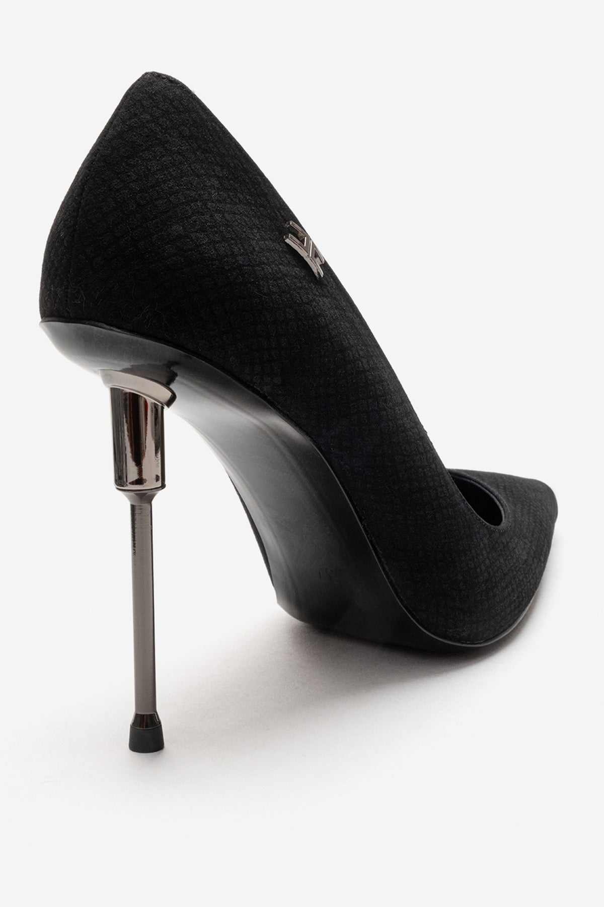 CARLAS - Black Patterned Stiletto Pump – back view showing leather, black, Vowalisse
