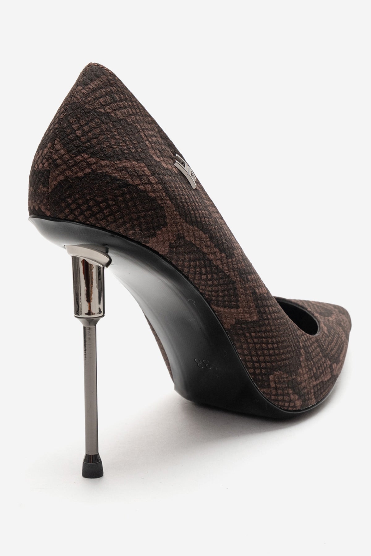 CARLAS - Brown Patterned Stiletto Pump – back view showing leather, red, Vowalisse