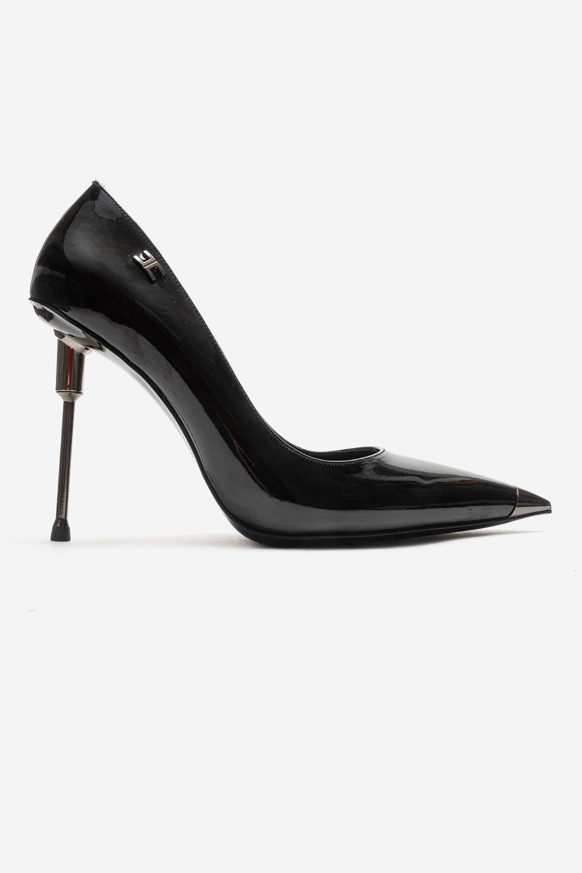 CARLAS - Black Patent Stiletto Pump – heel view showing leather, black, Vowalisse