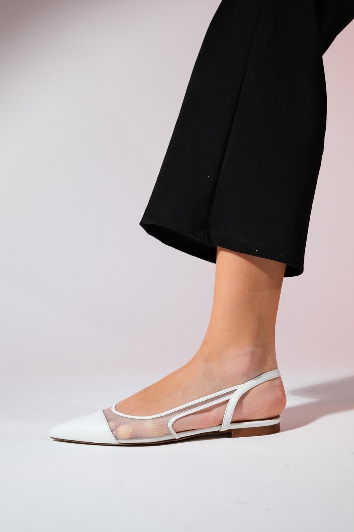 Stephen - White Pointed Toe Flat Sandal – detail view showing leather, white, Vowalisse