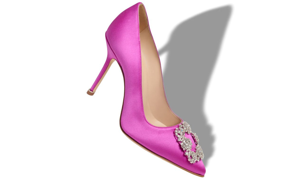 Aurelia Lace Pink Jewel Buckle Pumps – front three-quarter view showing pink jewel buckle, almond toe, satin, Vowalisse