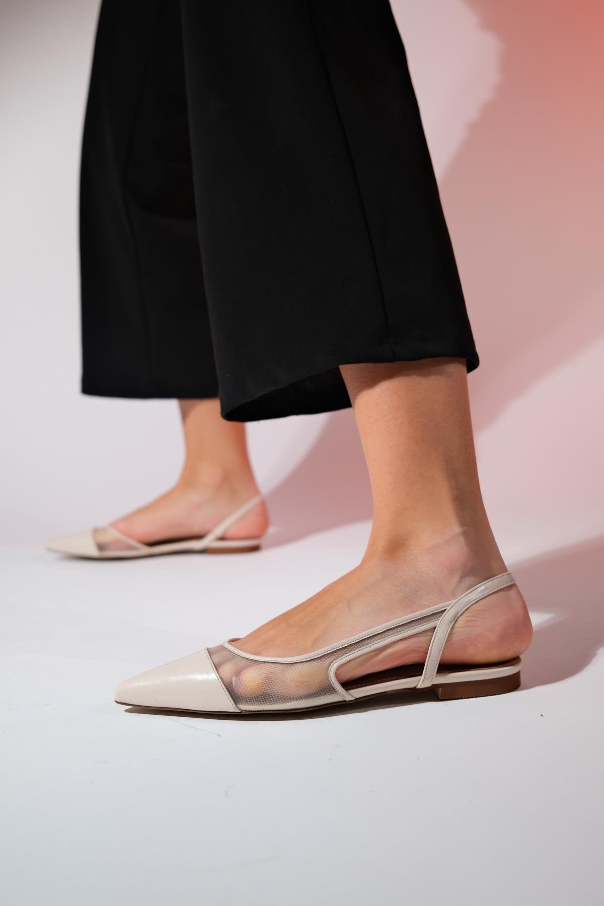 Stephen - Beige Pointed Toe Flat Sandal – heel view showing leather, Vowalisse