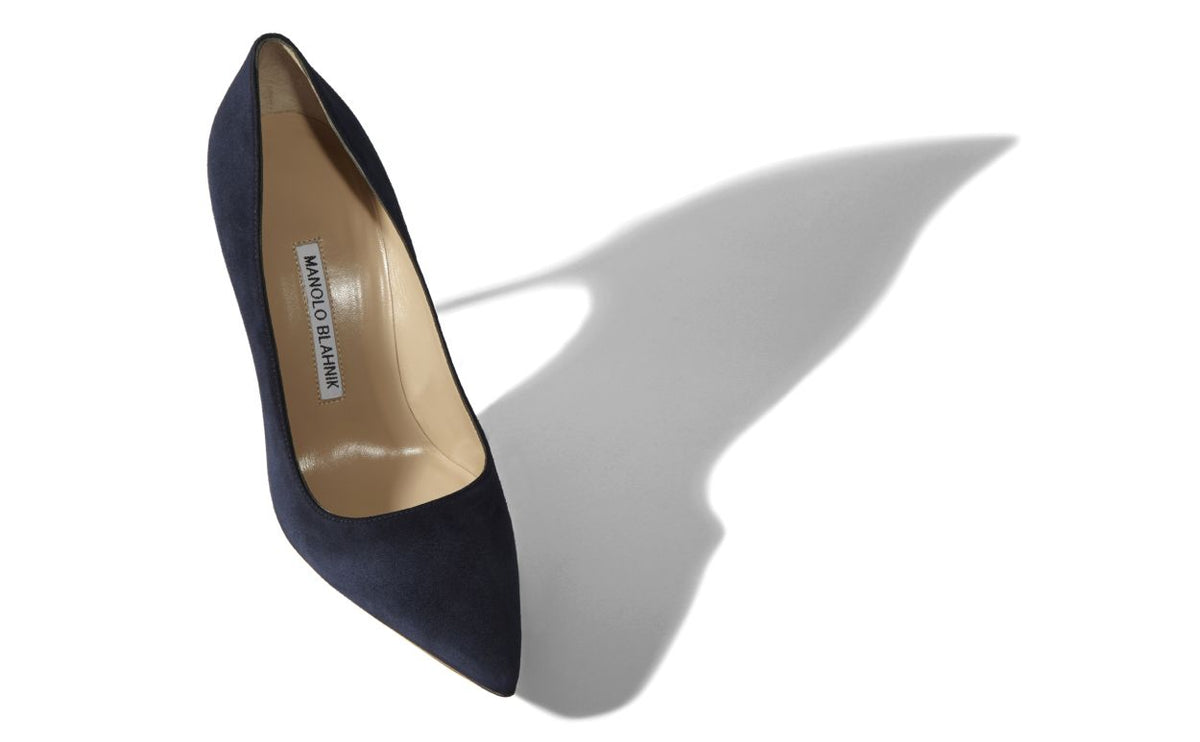 Violetta Bloom Blue Pointed Toe Pumps – front three-quarter view showing blue pointed toe, suede, Vowalisse