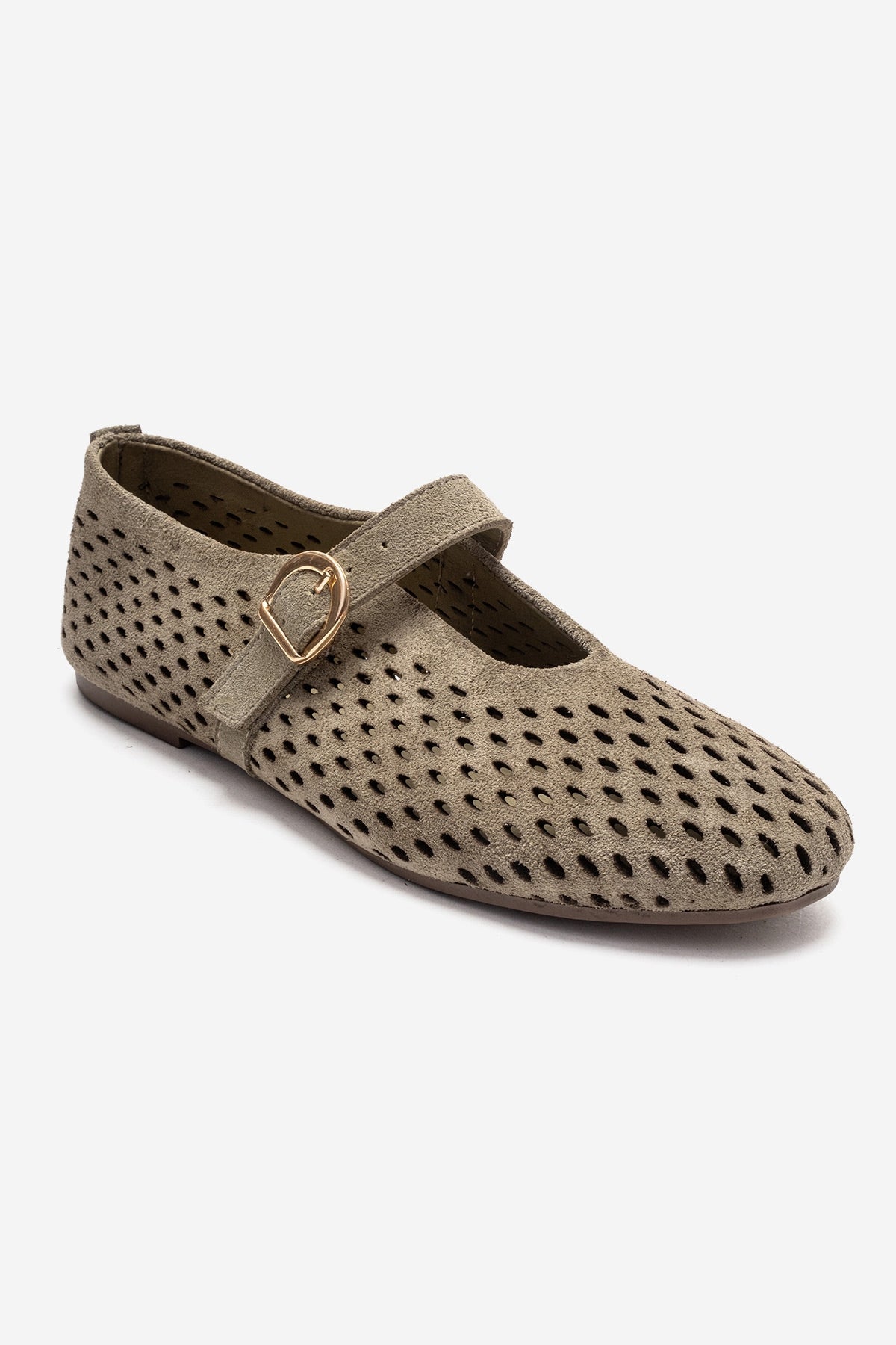 ARIAN - Green Suede Genuine Leather Ballet Flat – detail view showing leather, suede, green, Vowalisse