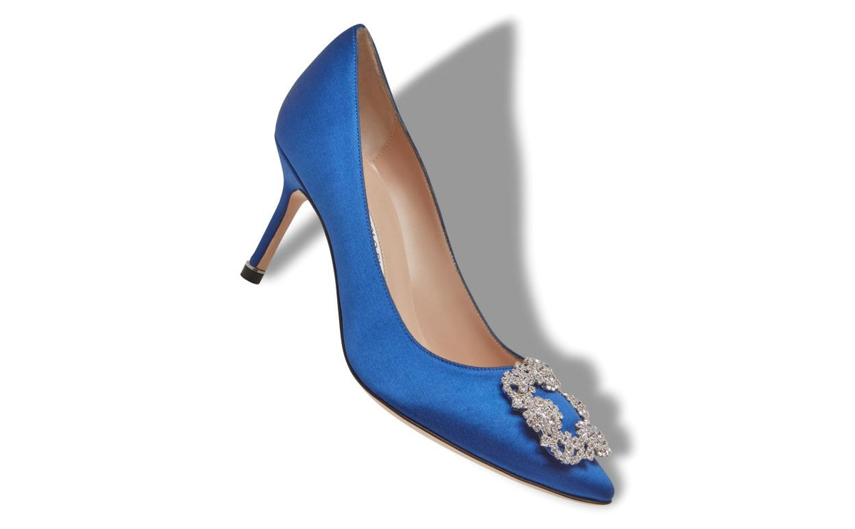 Cressida Dawn Blue Jewel Buckle Pumps – front three-quarter view showing blue jewel buckle, crystal buckle, almond toe…