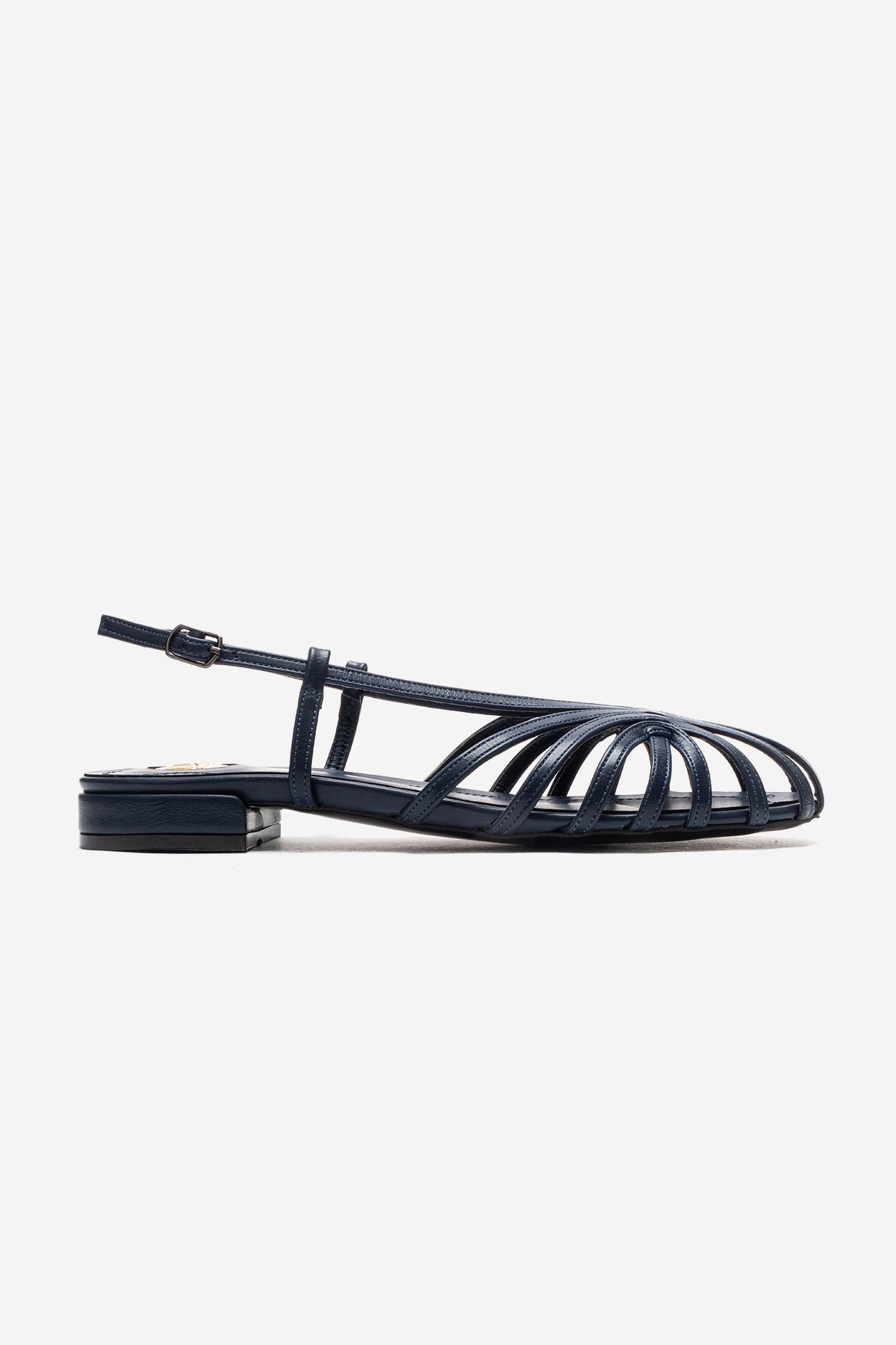 LISS - Navy Sandal – heel view showing leather, Vowalisse