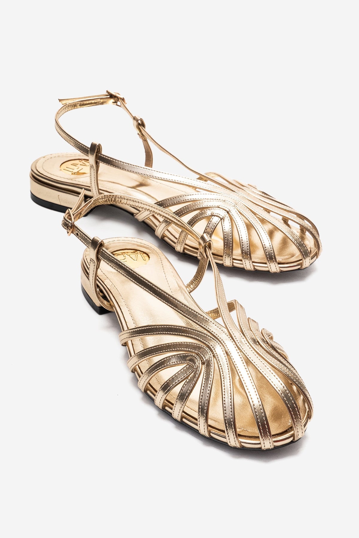LISS - Gold Genuine Leather Sandal – front three-quarter view showing leather, metallic, gold, Vowalisse