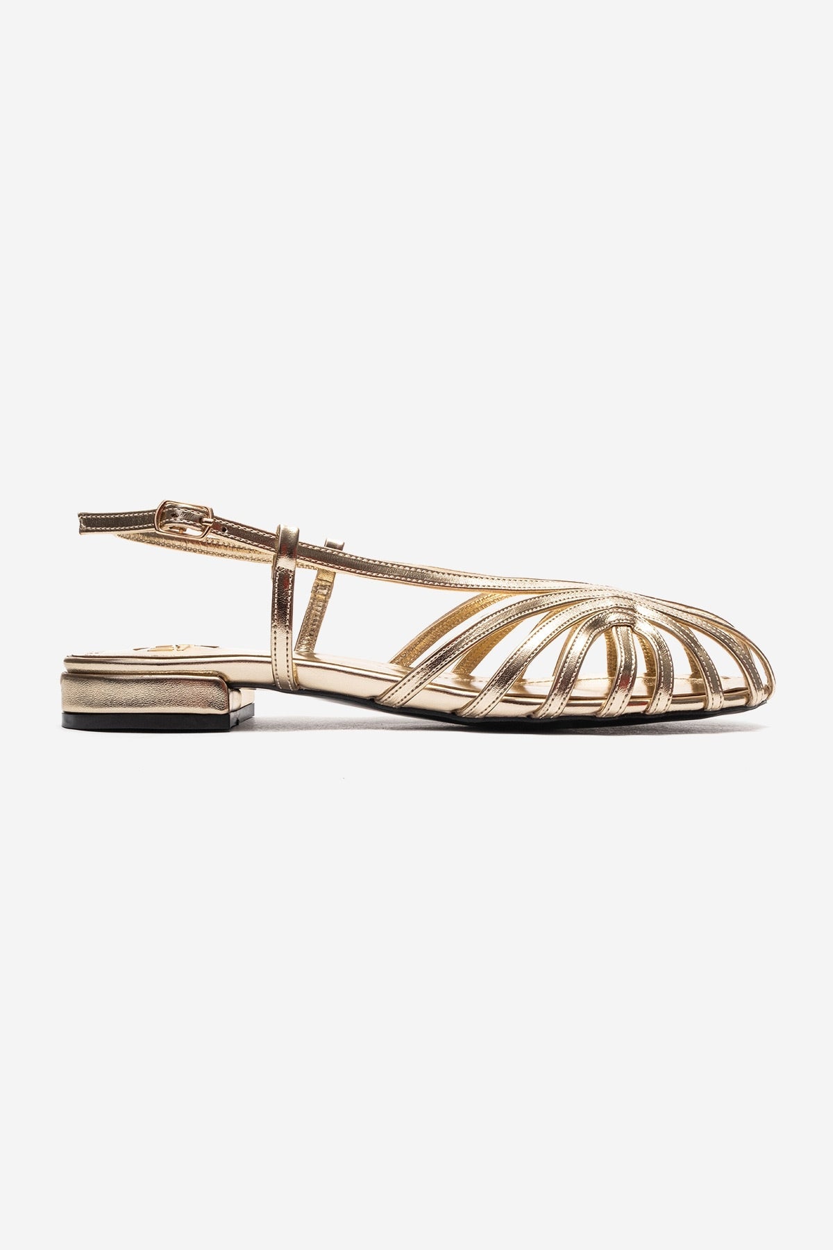 LISS - Gold Genuine Leather Sandal – heel view showing leather, metallic, gold, Vowalisse