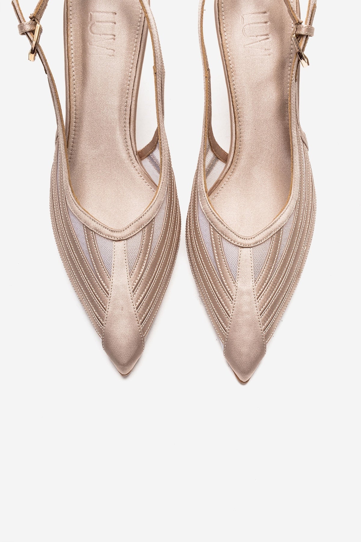 FAUNA - Beige Satin Stiletto Pump – side view showing satin, red, Vowalisse
