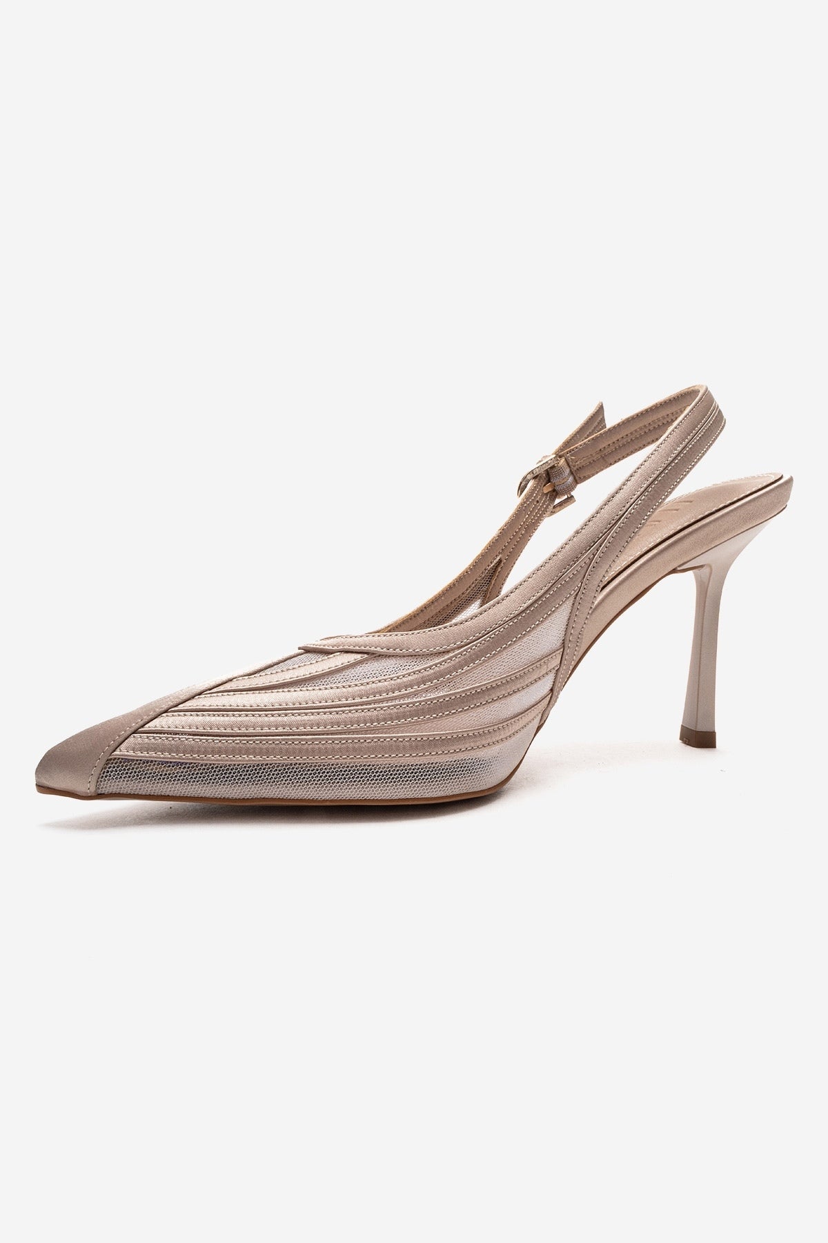 FAUNA - Beige Satin Stiletto Pump – top view showing satin, red, Vowalisse