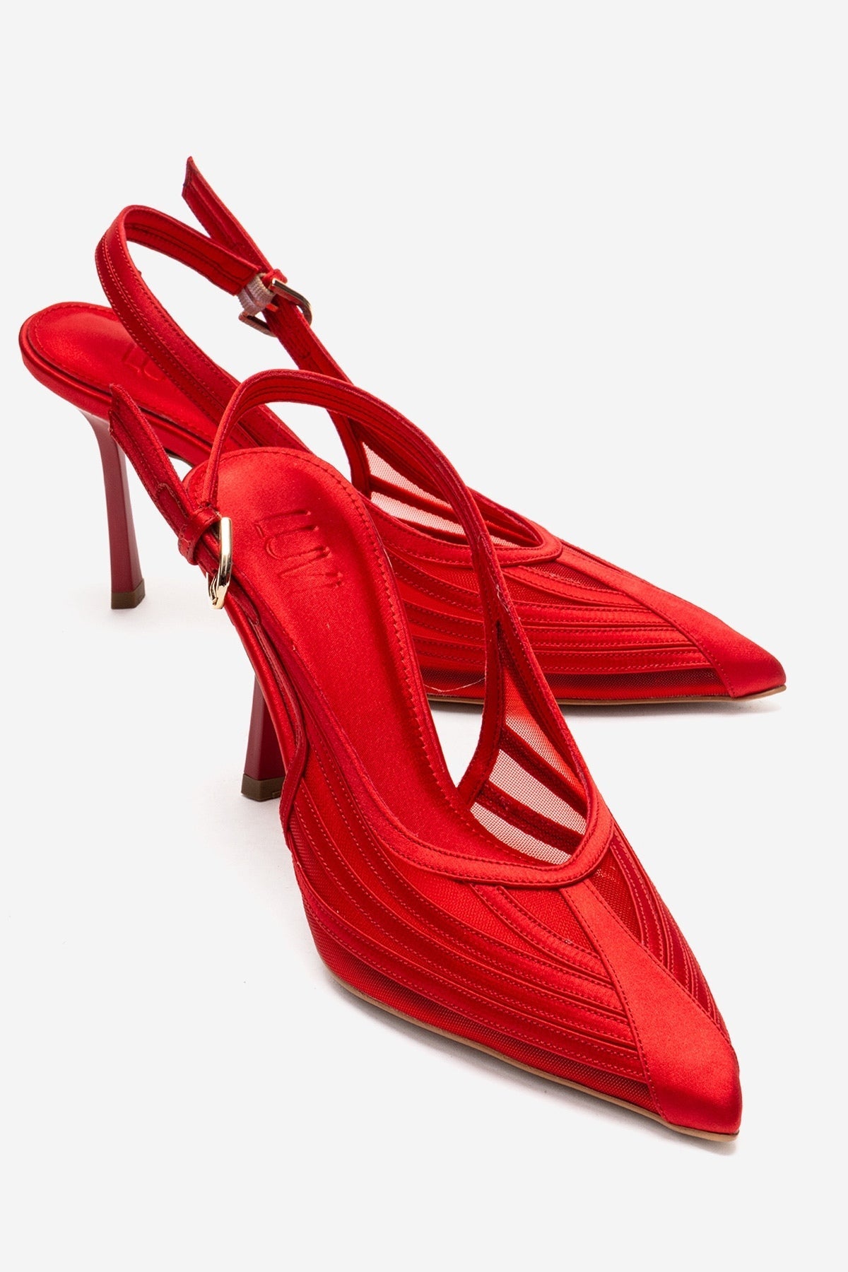 FAUNA - Red Satin Stiletto Pump – front three-quarter view showing satin, red, Vowalisse