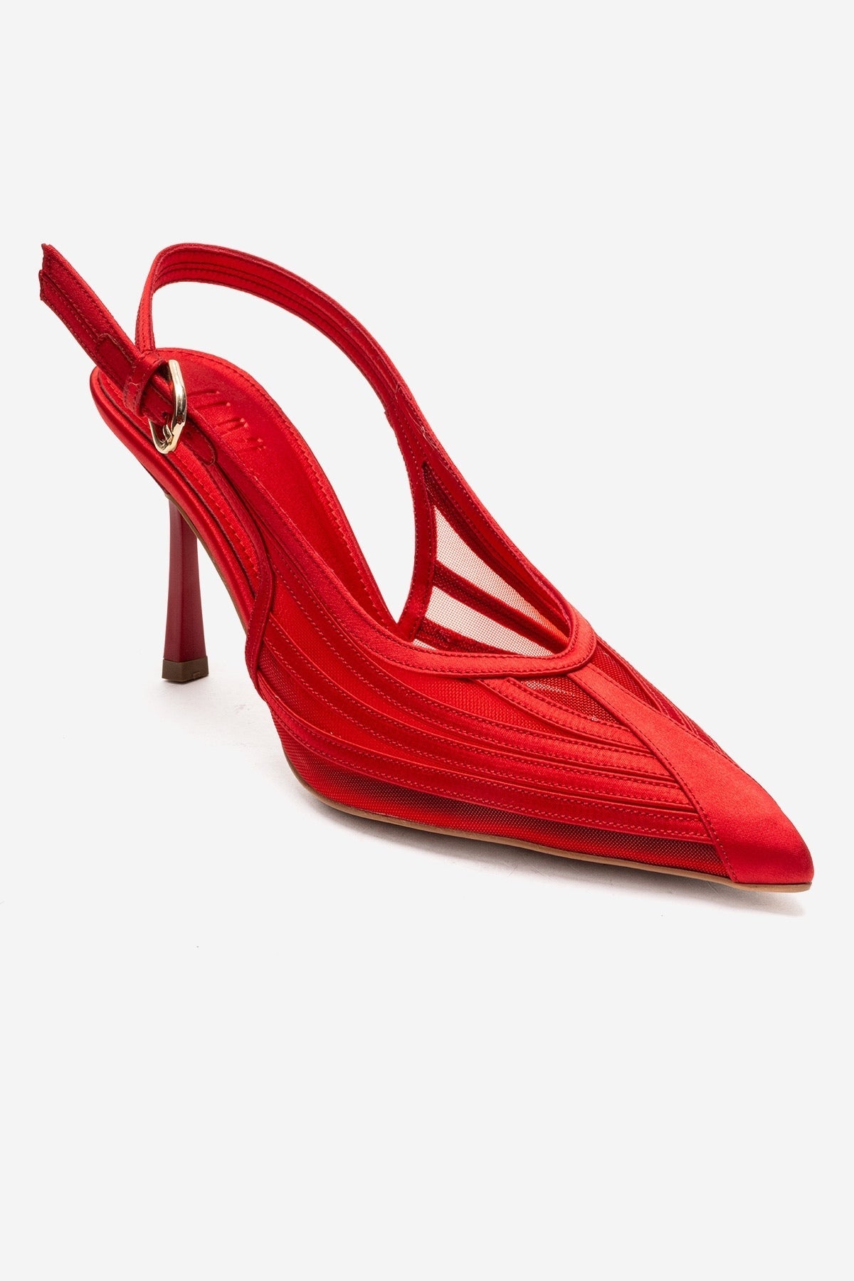 FAUNA - Red Satin Stiletto Pump – detail view showing satin, red, Vowalisse
