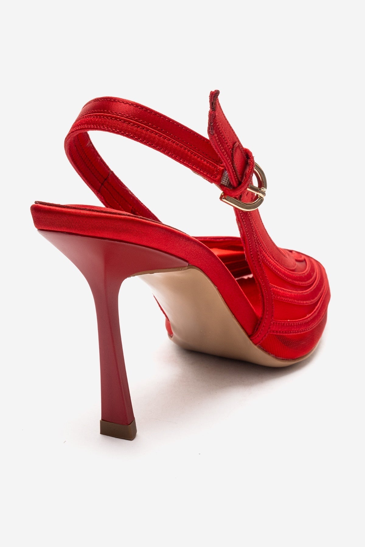 FAUNA - Red Satin Stiletto Pump – back view showing satin, red, Vowalisse