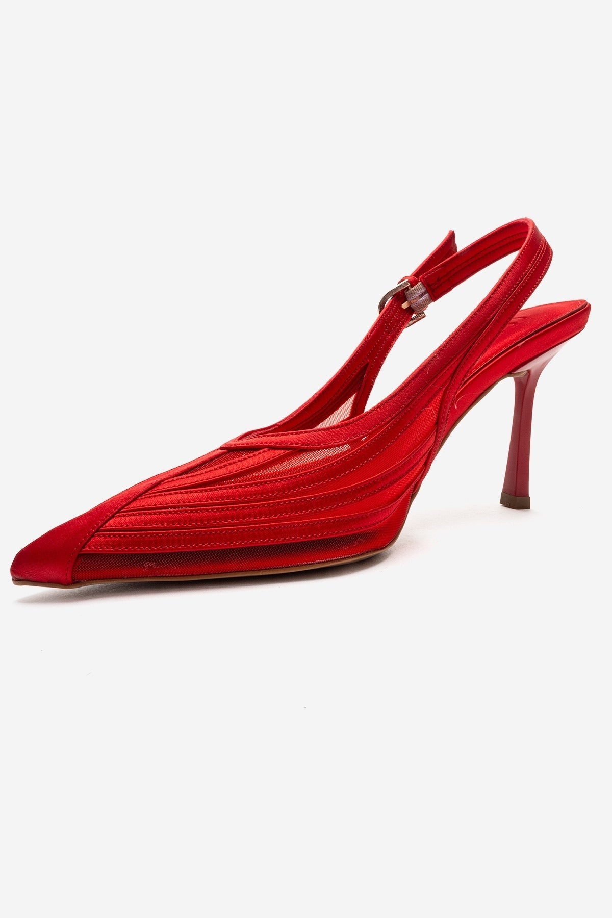 FAUNA - Red Satin Stiletto Pump – top view showing satin, red, Vowalisse