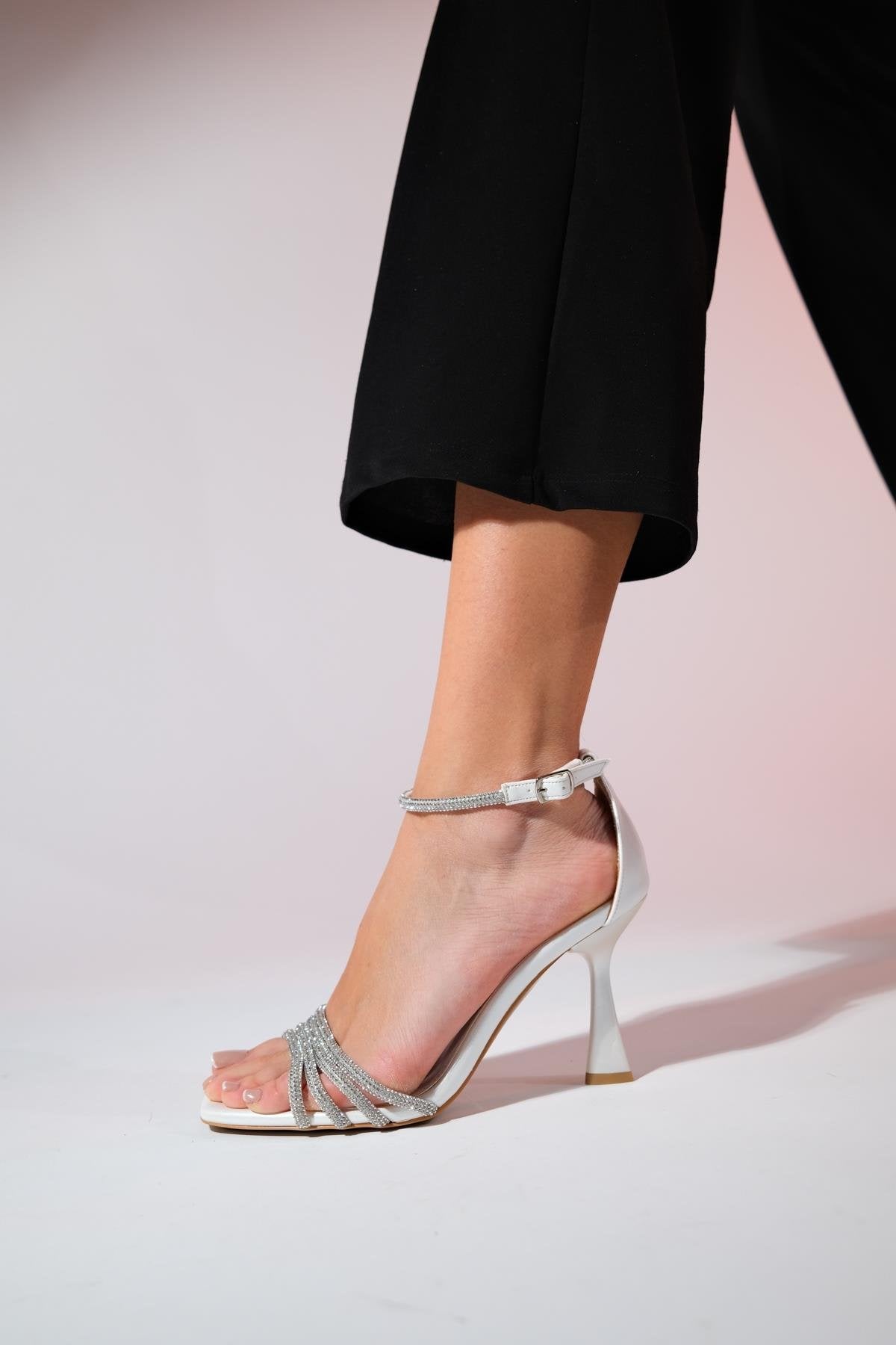 Monica - Pearl Embellished Stiletto Evening Shoe – side view showing pearl, leather, Vowalisse