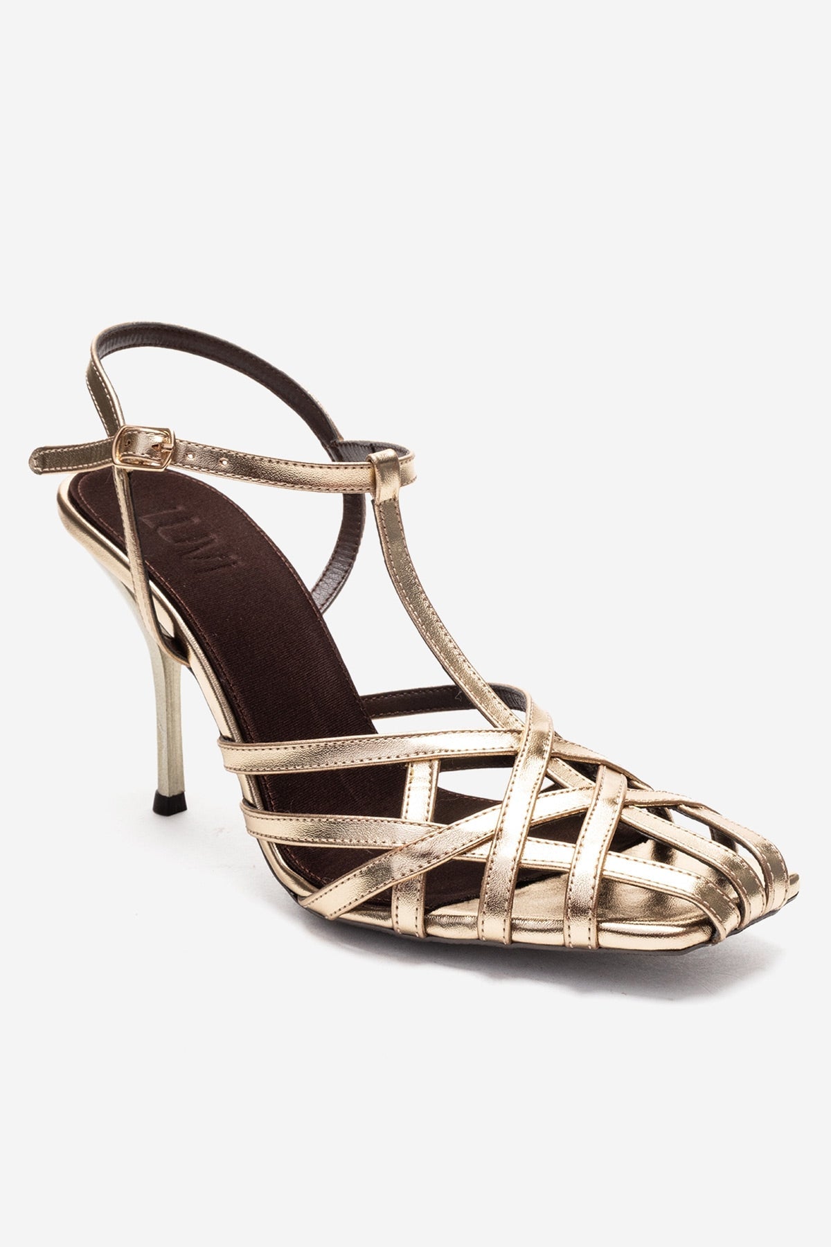 ALLOS - Gold Stiletto Pump – detail view showing leather, gold, Vowalisse