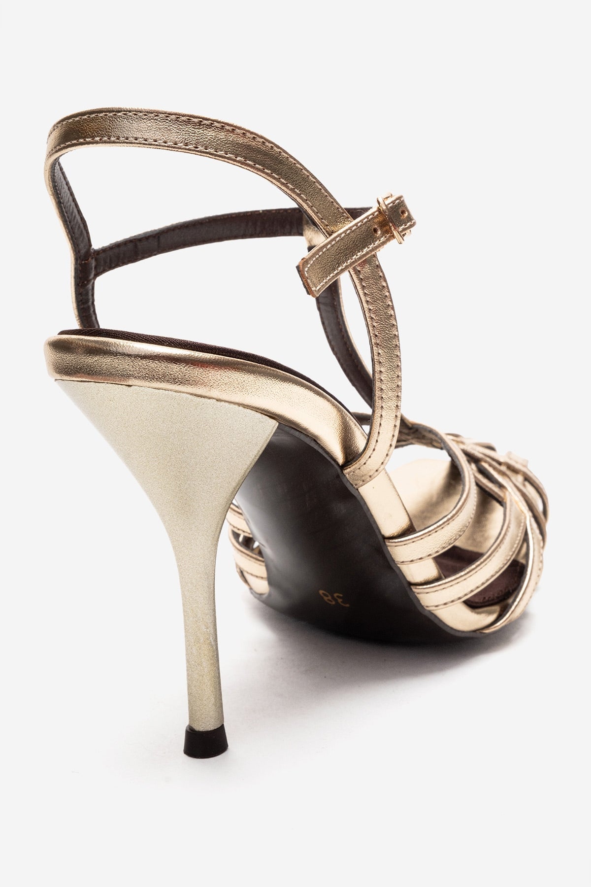 ALLOS - Gold Stiletto Pump – back view showing leather, gold, Vowalisse