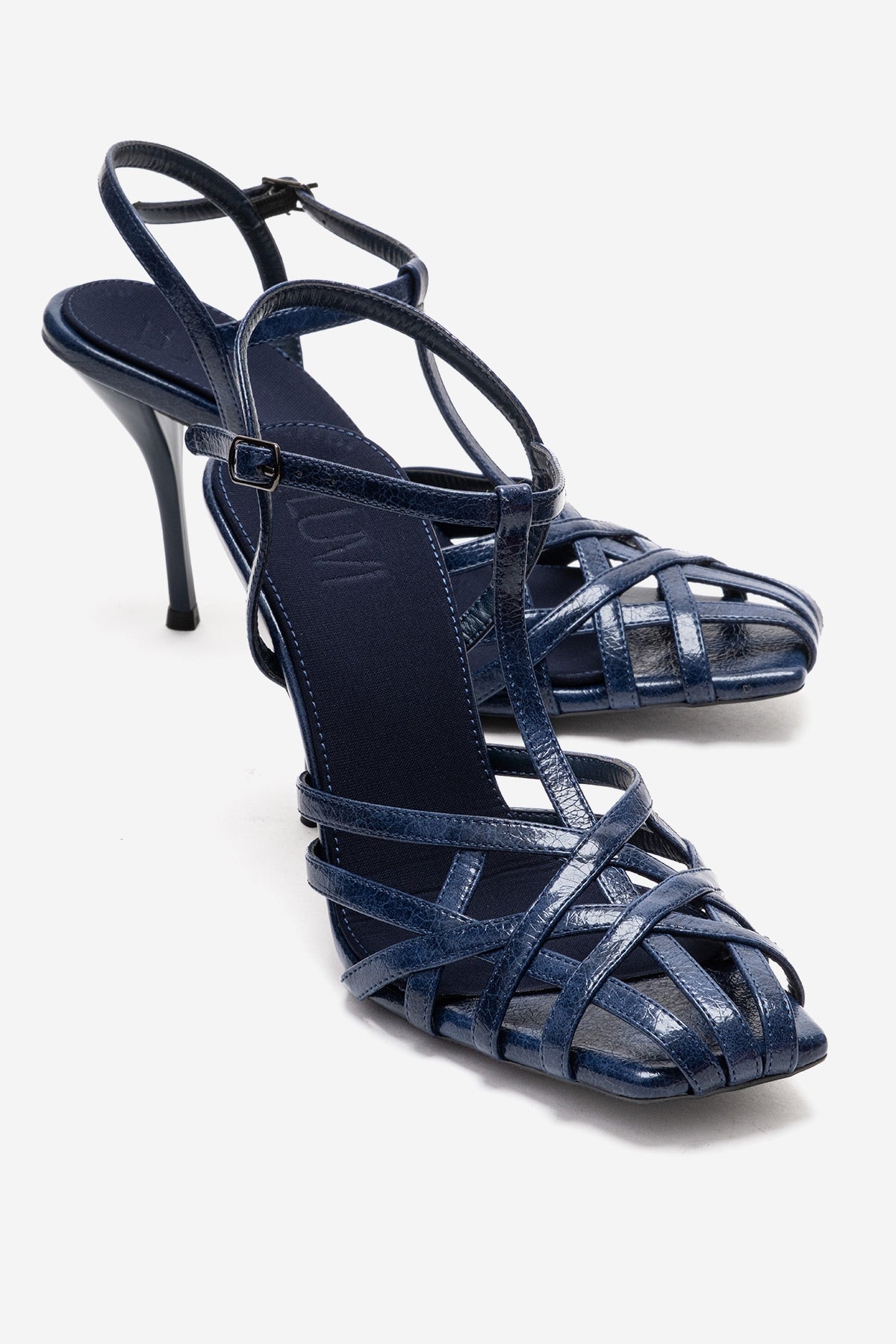ALLOS - Navy Stiletto Pump – front three-quarter view showing leather, Vowalisse