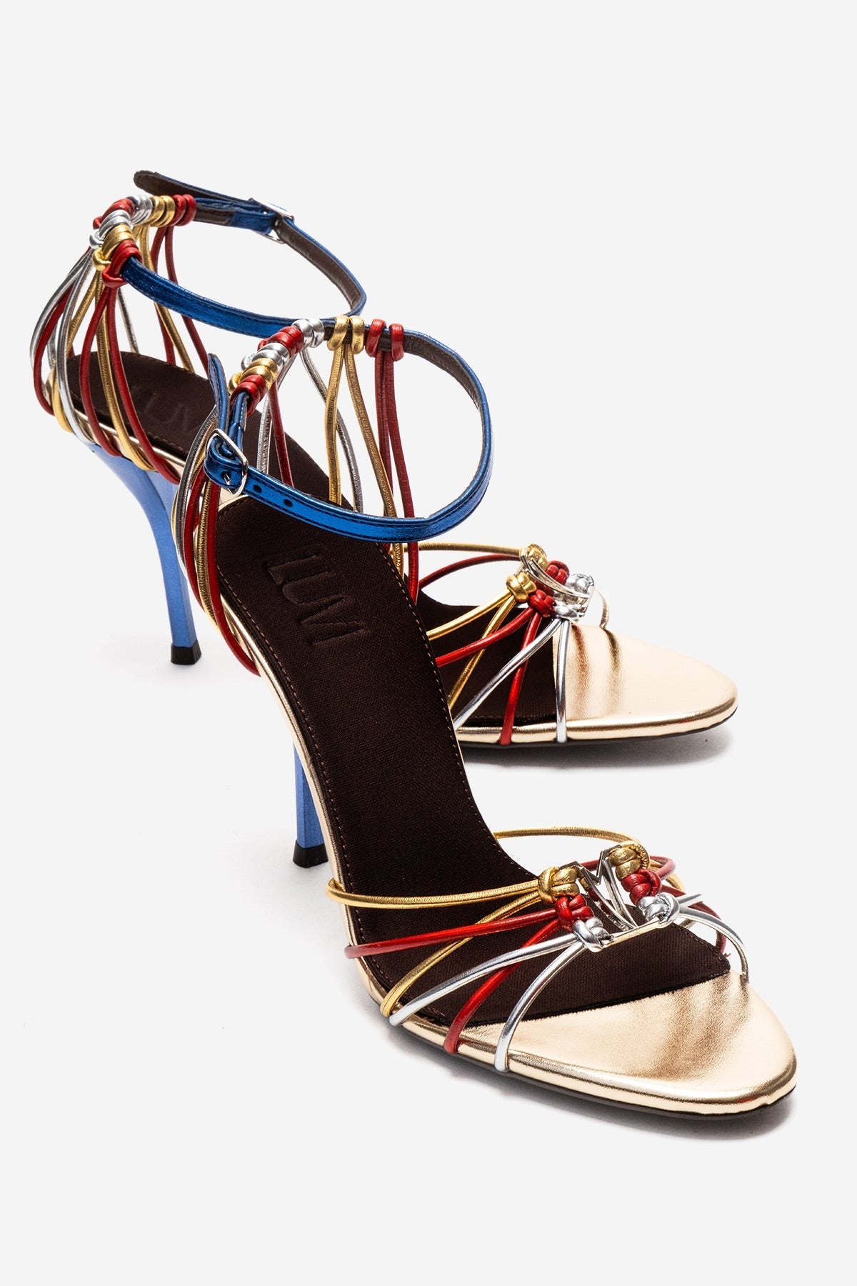 ARONA - Gold Multi Stiletto Heel Shoe – front three-quarter view showing leather, metallic, gold, Vowalisse