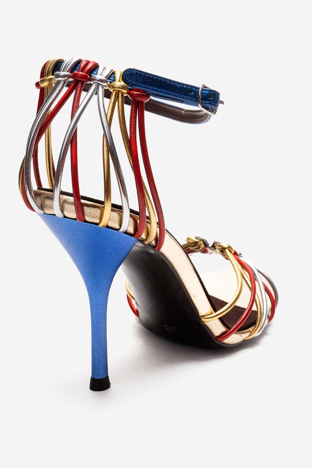 ARONA - Gold Multi Stiletto Heel Shoe – heel view showing leather, metallic, gold, Vowalisse