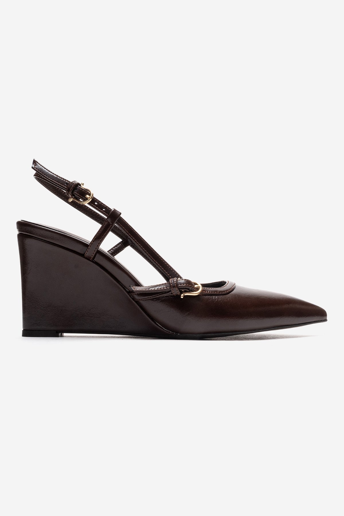 CELIA - Brown Block Heel Pointed Toe Shoe – heel view showing leather, Vowalisse