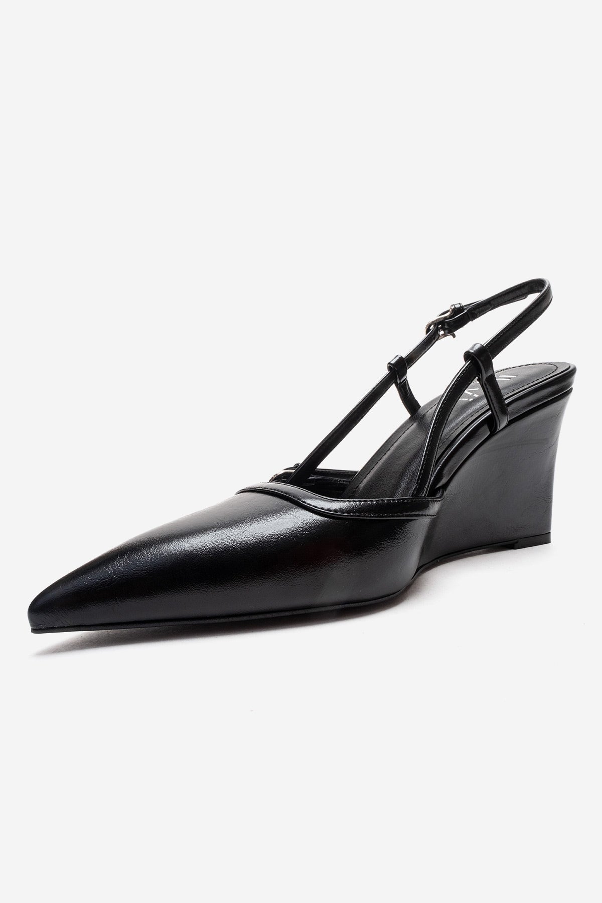 CELIA - Black Block Heel Pointed Toe Shoe – top view showing leather, black, Vowalisse