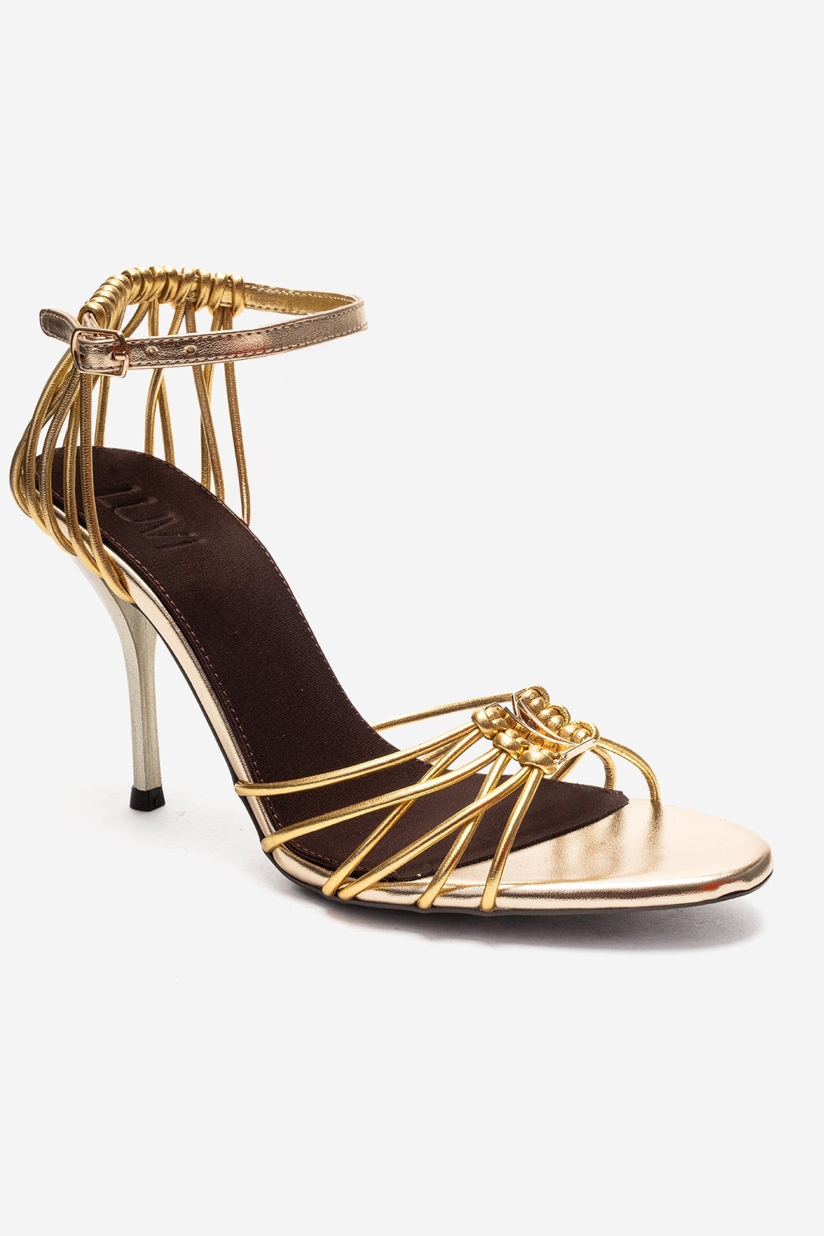 ARONA - Gold Stiletto Heel Shoe – detail view showing leather, metallic, gold, Vowalisse