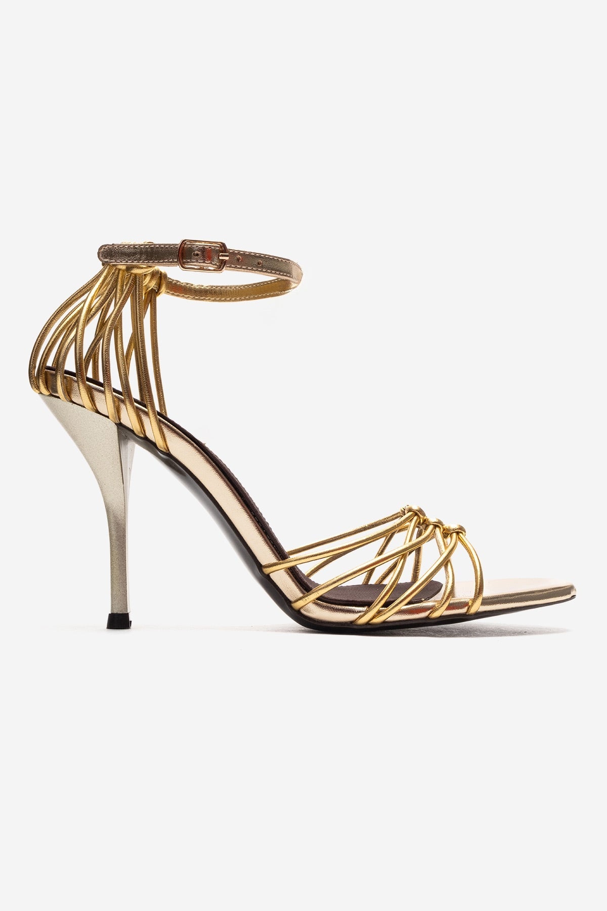 ARONA - Gold Stiletto Heel Shoe – heel view showing leather, metallic, gold, Vowalisse