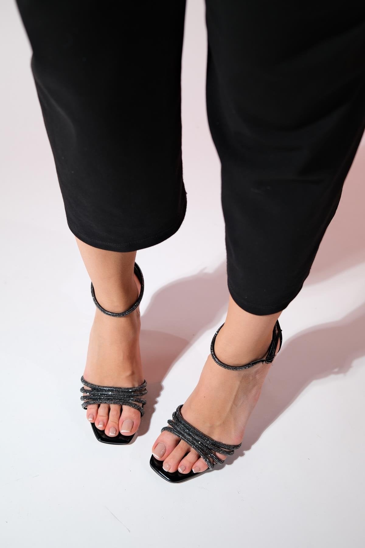 Monica - Black Patent Stiletto Heel Evening Shoe – heel view showing leather, black, Vowalisse