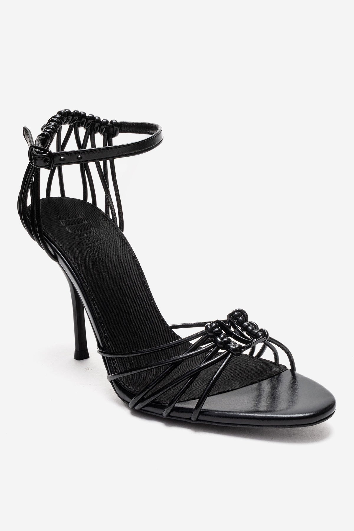 ARONA - Black Genuine Leather Stiletto Heel Shoe – detail view showing leather, black, Vowalisse