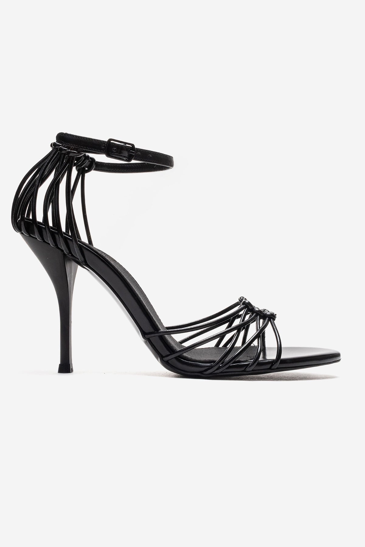ARONA - Black Genuine Leather Stiletto Heel Shoe – heel view showing leather, black, Vowalisse