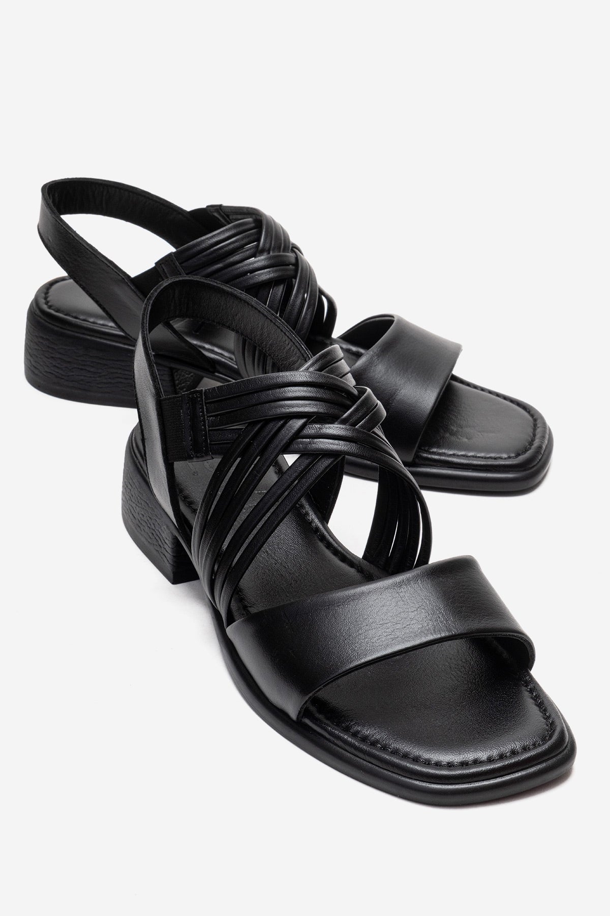 LIVELLO - Black Genuine Leather Multi-Strap Sandal – front three-quarter view showing leather, black, Vowalisse