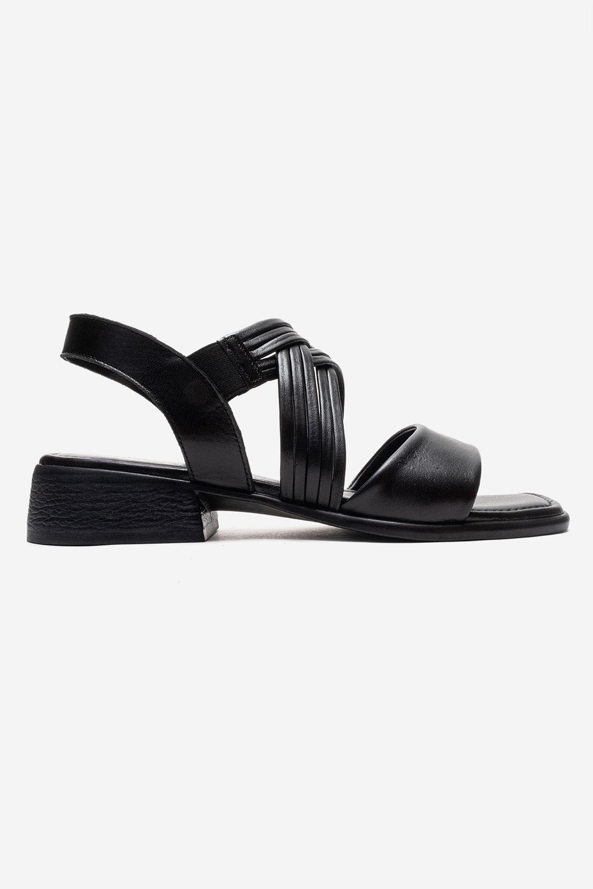 LIVELLO - Black Genuine Leather Multi-Strap Sandal – heel view showing leather, black, Vowalisse