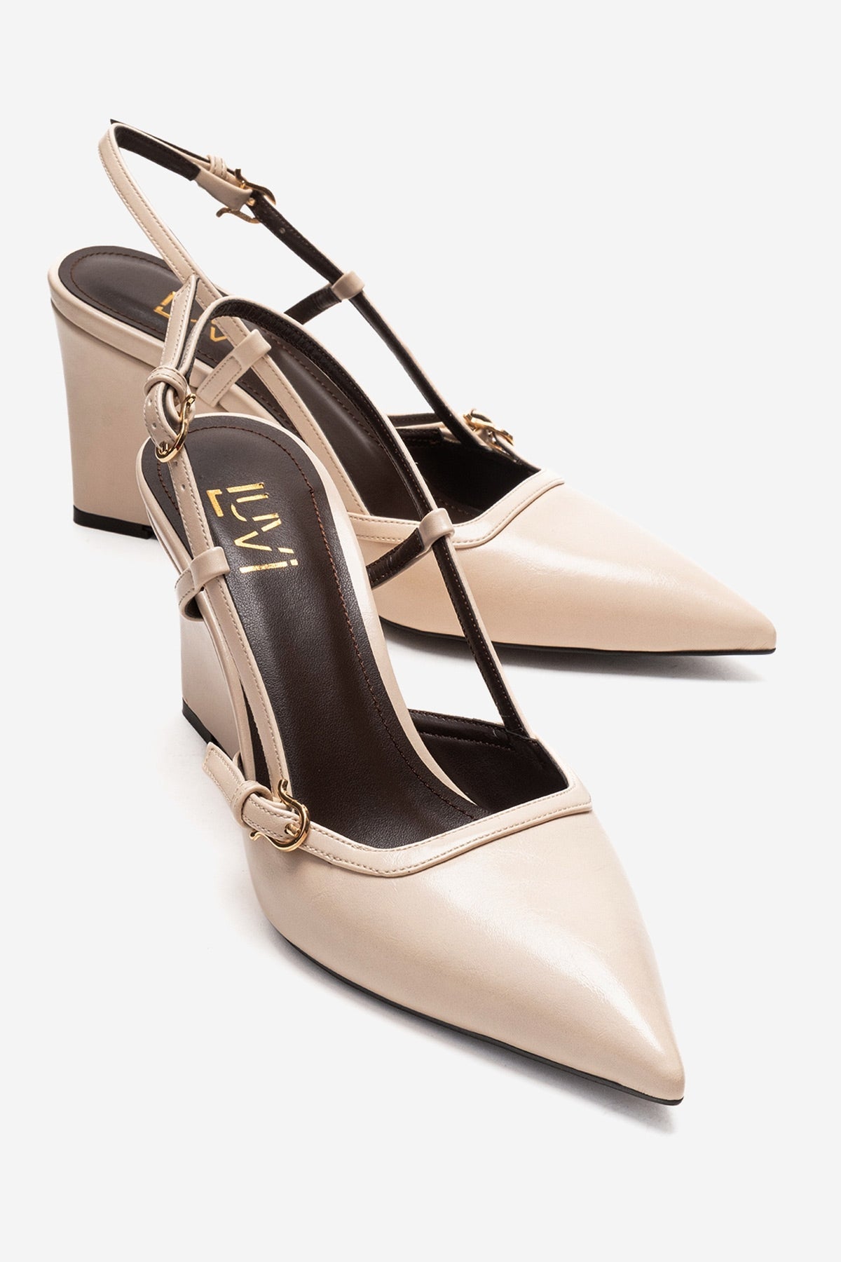 CELIA - Off-White Genuine Leather Pointed Toe Wedge Heel Shoe – front three-quarter view showing leather, white, Vowalisse