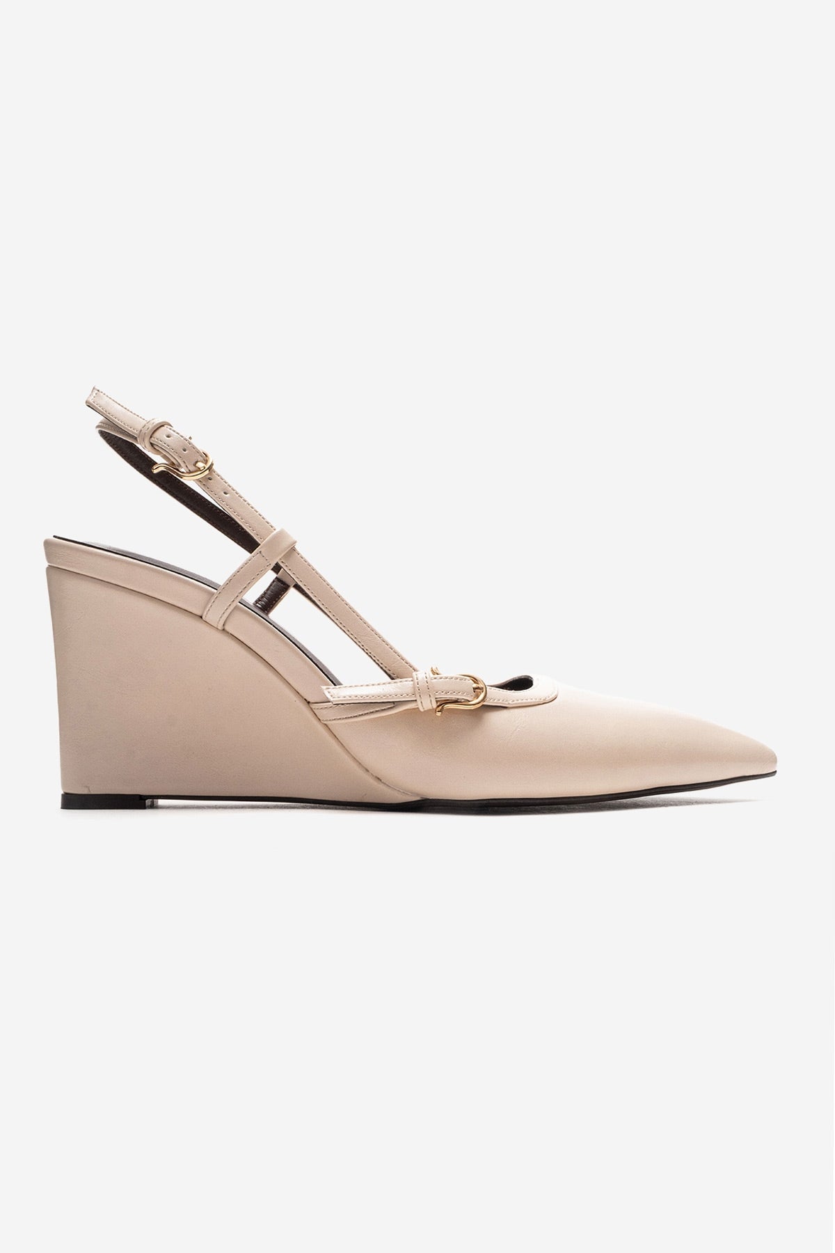 CELIA - Off-White Genuine Leather Pointed Toe Wedge Heel Shoe – heel view showing leather, white, Vowalisse